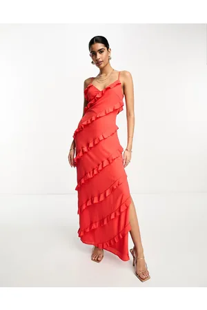 ASOS DESIGN tiered ruffle cami slip maxi dress in Red