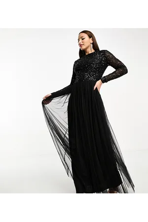 Maya Deluxe Bridesmaid long sleeve maxi tulle dress with tonal delicate sequin in