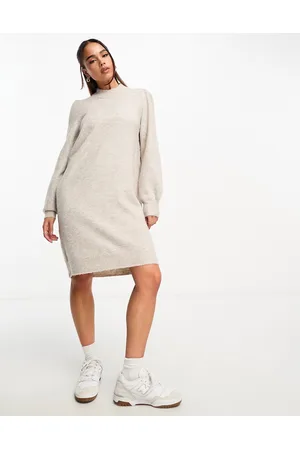 JDY Puff sleeve knitted mini jumper dress in stone