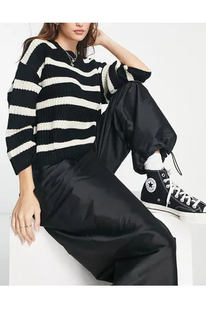 JDY Knitted crew neck jumper in beige & black stripe
