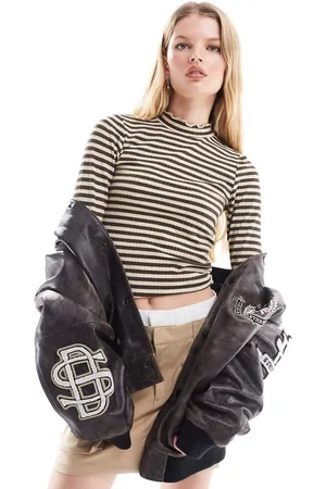 JDY High neck lettuce hem top in stripe
