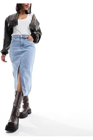 ONLY Denim midi skirt with front split in light