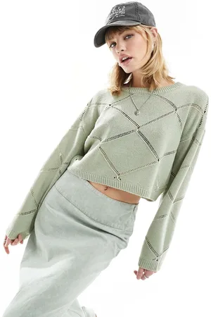 Noisy May Pointelle wide neck jumper in light