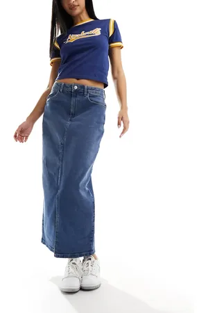 Noisy May Front split denim maxi skirt in mid wash