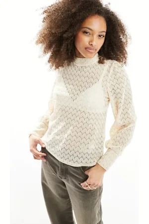 JDY Long sleeve lace top in sandshell