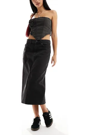 ONLY Denim midi skirt with front split in washed