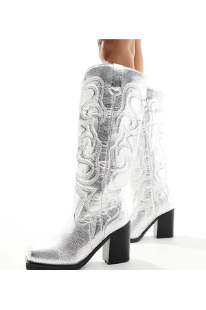 Public Desire Austine knee boot with western stitching in metallic