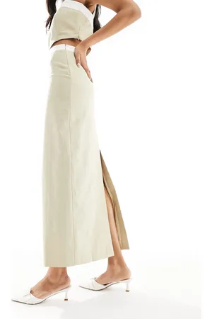 4th & Reckless Linen look contrast trim column maxi skirt co-ord in beige