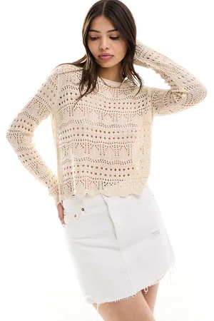 JDY Open knit scallop edge top in beige