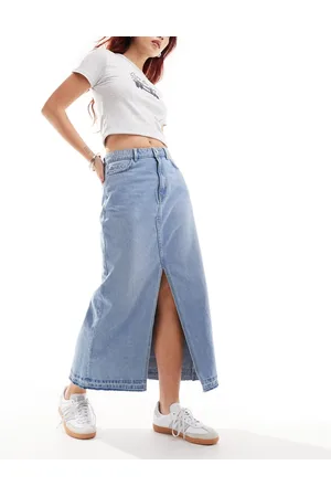 JDY Split front denim maxi skirt in light wash