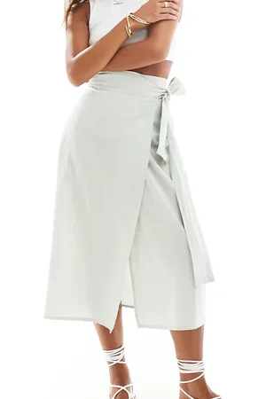 ASOS ASOS DESIGN Petite linen wrap detail midi skirt in sage