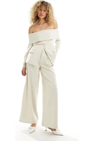 Extro & Vert Tailored highwaisted button detail trouser in beige co-ord