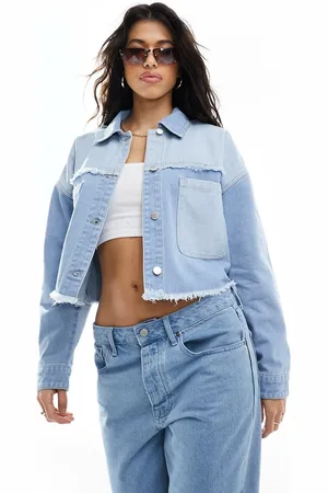 In The Style Frayed seam pocket detail denim jacket in light