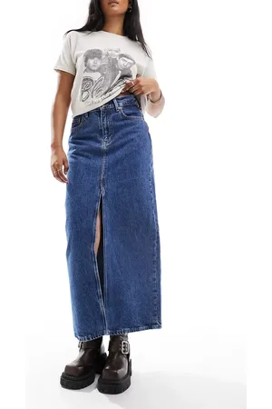 Dr Denim Myra regular fit midi column kick skirt stream in mid retro wash