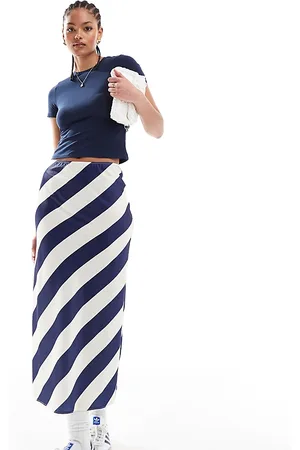 ASOS ASOS DESIGN Tall satin bias midi skirt in navy stripe