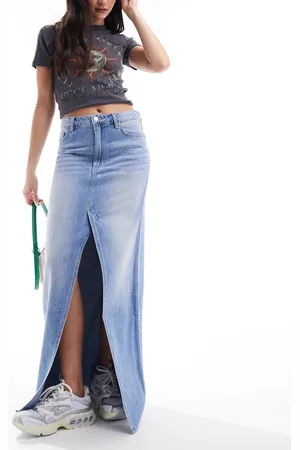 Monki Midaxi denim skirt with front split in tinted wash