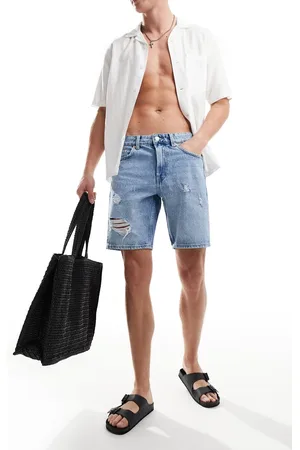 Only & Sons Loose fit denim short with abrasions in light wash