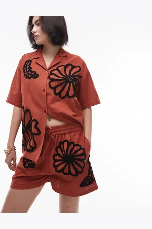 Topshop Co-ord flocked floral pull on short in rust