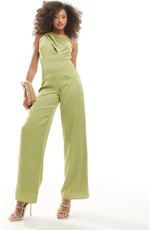 TFNC Bridesmaid satin one shoulder jumpsuit in olive