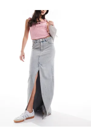 Monki Midaxi denim skirt with front split in beige wash