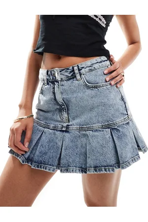 Miss Selfridge Heart pocket kilt denim skirt in acid wash