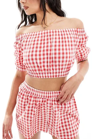 Loungeable Cotton ruched strap cami top and short pyjama set in gingham