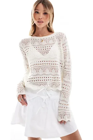 JDY Boatneck broderie long sleeve top in cream