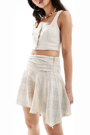 MANGO Checked ruched waist mini skirt in beige