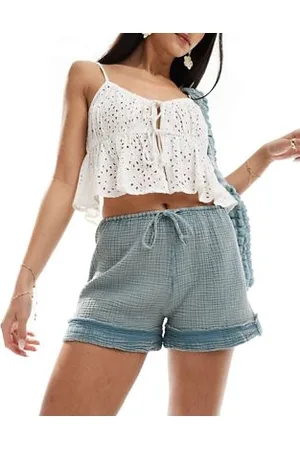 Pull&Bear Linen look crinkle texture short in washed blue