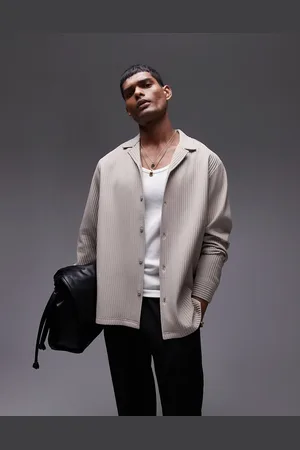 Topman Long sleeve regular fit revere plisse shirt in beige