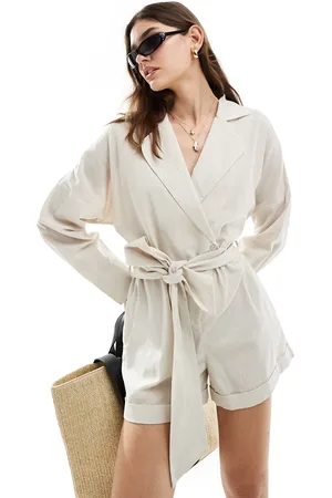 Pretty Lavish Tie waist linen blend playsuit in oatmeal