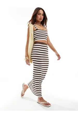 4th & Reckless Zoe stripe knit maxi beach skirt co-ord in chocolate