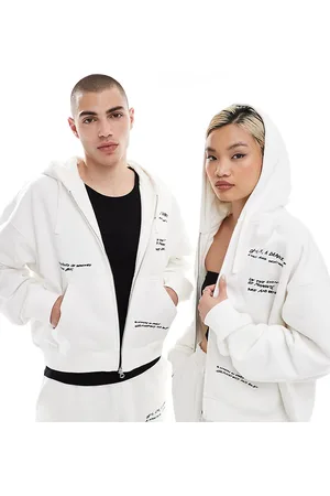 Weekday Unisex co-ord boxy fit zip through hoodie with graphic embroidery in off- exclusive at ASOS