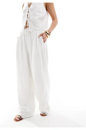 Abercrombie & Fitch Co-ord linen blend wide leg trouser in with eyelet detailing