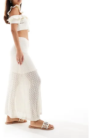 SELECTED Femme knitted crochet maxi skirt in beige