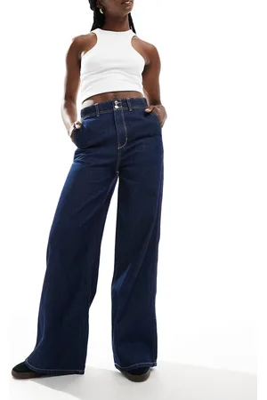 Pimkie Baggy wide leg contrast stitch jeans in rinsed