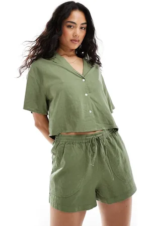Pull&Bear Drawstring waist linen short co-ord in khaki