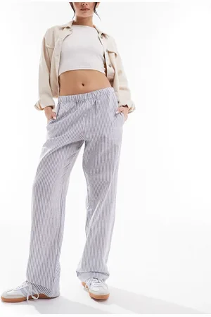 Monki Linen drawstring waist trousers in white and navy stripes