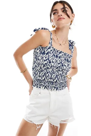 JDY Shirred smock top with tie straps in & blue