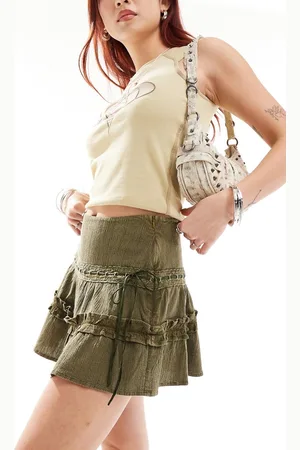 COLLUSION Cotton crinkle flippy mini skirt with ribbon detail in washed khaki