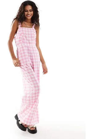 Monki Sqaure neck jumpsuit with front ruching in gingham