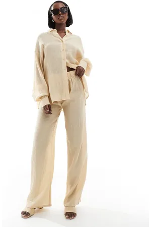 In The Style X Georgia Louise textured wide leg trousers co-ord in beige