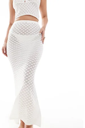 In The Style Exclusive crochet knit textured fishtail maxi beach skirt co-ord in cream
