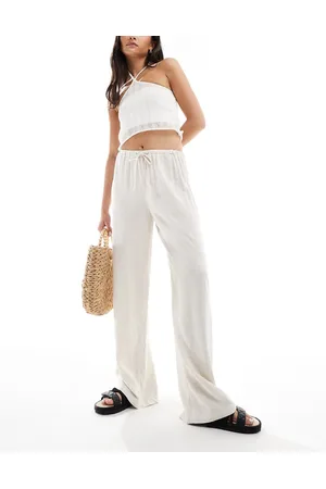 Pimkie Linen mix drawstring waist wide leg trousers in stone