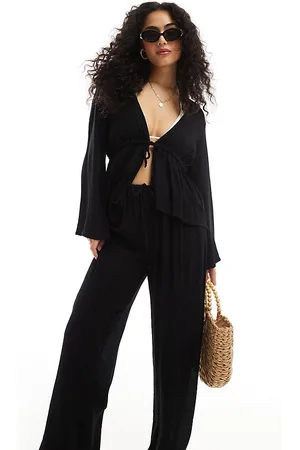 Esmée Esmee tie crinkle beach trouser co-ord in black
