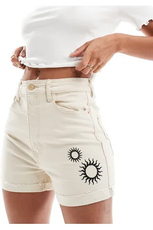 Pieces® Cotton beach shorts with mono solar print embroidery in cream