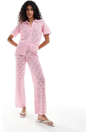 The Frolic Hibiscus crochet wide leg beach trouser co-ord in bubblegum