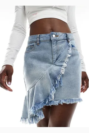 Miss Selfridge Asym frill denim mini skirt in mid wash