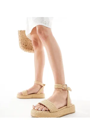 Truffle Collection Wide fit raffia ankle strap sandal in natural