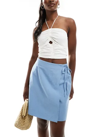 Pieces® Linen touch wrap front mini skirt in